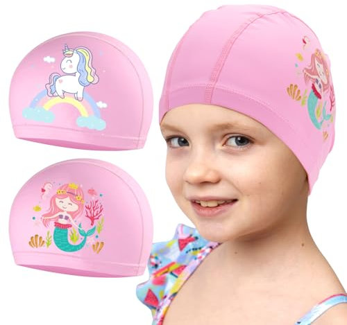 2 Stück Badekappe Mädchen, Badekappe Kinder im Alter von 2–10 Jahren, PU Beschichtet wasserdichte Schwimmhaube für mädchen Lange Haare Kinder