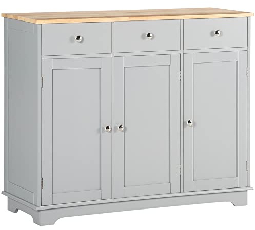 HOMCOM Sideboard with Rubber Wood Top, Modern Storage Cabinet, Kitchen Cupboard with 3 Doors, 3 Drawers and 3 Adjustable Shelves for Dining Room, Living Room, Grey