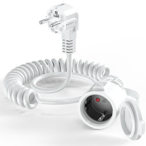 2M Schuko Verlängerungskabel, Ancable Schutzkontakt-Spiralverlängerung mit wasserdichter Kappe, dehnbar von 0,6m bis 2m, Spiralkabel 3 x 1,0mm², IP44 Verlängerungskabel (250V/16A), Weiß