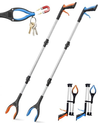 2-Pack 43 Extra Long Heavy Duty Grabber Reacher Tool, Foldable with 360° Rotating Jaw, Magnetic Tip, Ergonomic Grip, Wide Claw for Trash Pickup, Gardening & Reaching High Shelves – Ideal for Seniors