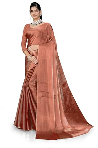 ETHNICMODE indien Sari For femme Plain Zari Chiffon Light Weight Party Wear Gold Mustered Saree With Unstitched Blouse Piece-1247