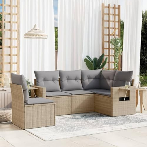 Qnhdfrt Ensemble de 5 meubles de jardin en rotin PE beige avec espace de rangement et coussins pour jardin, terrasse, balcon