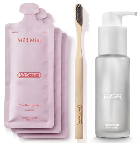 Life Supplies Sensitive Toothpaste Starter Set | Refillable Glass Bottle, Bamboo Toothbrush & 3 Refills | Dentist-Approved Repair & Sensitivity Relief | Vegan & Cruelty-Free, Zero-Waste Oral Care