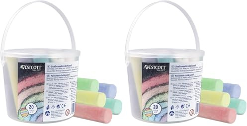 Westcott craies de rue pastel | 20 craies de trottoir colorées pour enfants dans un seau pratique | facilement lavables | adaptées à l'asphalte, au tableau ou à la pierre | E-744985 00 (Lot de 2)
