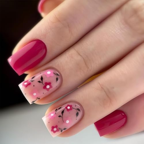 Tastetreasure 24 pz. Unghie finte a forma di mandorla, design floreale rosa con colla e lima per unghie, set elegante di unghie adesive lucide floreali per donne e ragazze