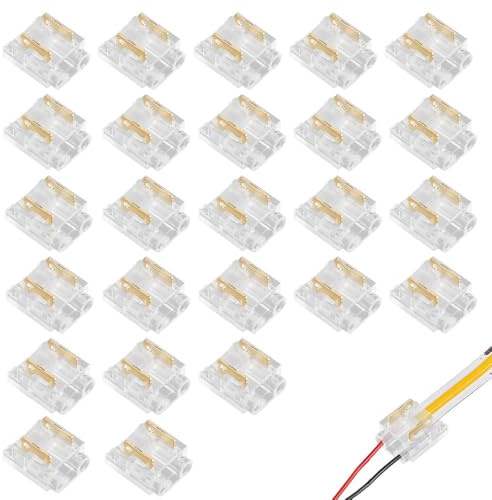 Vmoomax Conectores de tira de luz LED COB de 2 pines de 8 mm, 25 clips de conectores rápidos transparentes sin soldadura, adecuados para luces de cinta SMD COB, carcasa de PC ignífuga, conexión rápida
