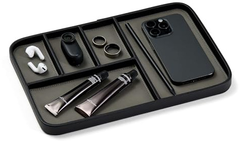 Nordik Leather Valet Tray - Large EDC Tray - Pebble Black 30 x 20 cm | Premium Vegan Leather with Two-Toned Design, With Five Compartments, Nightstand & Catchall Tray for Keys Watch and Jewellery