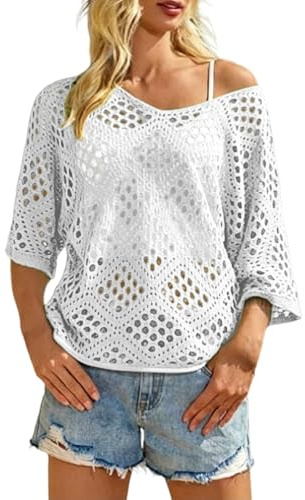 Hauts Crochet Femme Été Cover Up Col Rond Hollow Out Tricot Ajouré Maille Haut Décontracté Léger Respirant Cache-Maillot Pull Grande Taille Ample Sexy pour Plage Vacances Croisière Quotidien