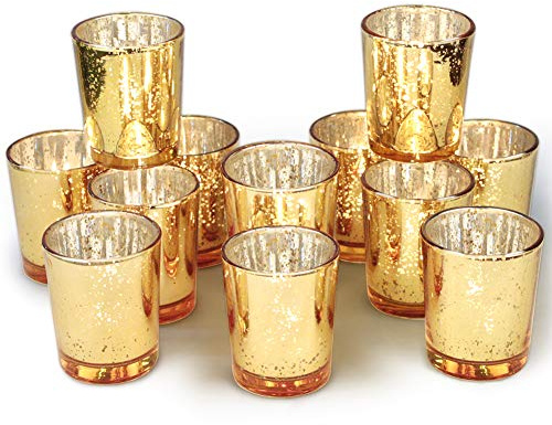 Volens Gold Votive Candle Holders Bulk, Mercury Glass Tealight Candle Holder Set of 12 for Wedding Decor and Home Decor