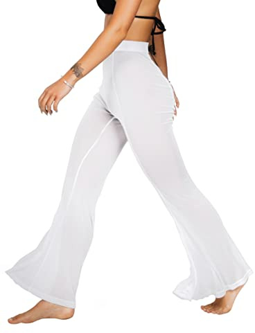 sofsy Bianco Pantaloni Copricostume a Rete da Donna Pantaloni Copricostume da Spiaggia Sexy Trasparenti Vedo Non Vedo Bikini Costume da Bagno Plus-Size Large