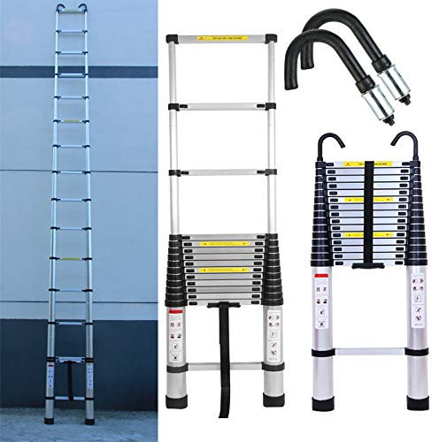 6.2m 20.4 Foot Aluminum Extension Foldable Telescopic Ladder & Attic Loft Roof Hook Kit Telescoping Ladder Extendable Capacity Max Load 150kg/330lb EN 131 Light-Weight 17kg（ 36lbs）