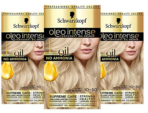 Schwarzkopf Oleo Intense Blonde Hair Dye, 3-Pack Permanent Oil Colour, No Ammonia, Covers Greys, Ash Blonde 10-50
