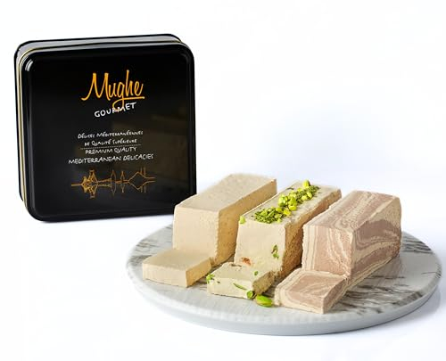 Mughe Gourmet Halvah Assortment 1.88lb (850g) Tin Gift Box - 3 Delicious Vegan Marble Tahini Halvah Bars Pistachio, Cocoa, Vanilla -Flaky Turkish Halawa Gifts- Perfect Gifts for Birthdays, Fathers Day