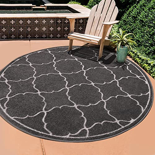 SANAT Outdoor Teppich Wetterfest - Teppich für den Innen- und Außenbereich - Balkon Teppich Wasserabweisend - Teppiche für Terrasse, Garten, Küche, Bad oder Wohnzimmer - Grau, 200 cm Rund