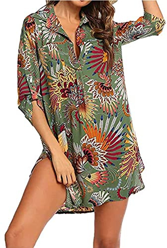 Cuello en V Pareos Vestido de Playa Camisero de Manga Corta Mujer Camisa Suelta Vestido Pareo Ropa de Baño Bikini Cover Up