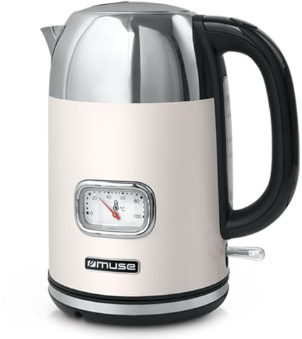 MUSE Edelstahl Retro Wasserkocher mit analoger Temperaturanzeige, mit Filter, transparenter Skala, 1,7L Fassungsvermögen, Automatische Abschaltung, beige-edelstahl (MS-020 SC)
