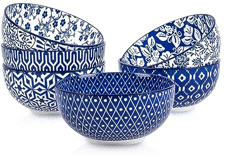 Selamica Ceramic Cereal Bowls Set of 6, 24 Oz Deep Soup Bowls for Kitchen, 5.9 Inch Porcelain Dessert Bowls for Salad, Pasta, Oatmeal, Ramen, Microwave Dishwasher Safe, Set of 6, Vintage Blue