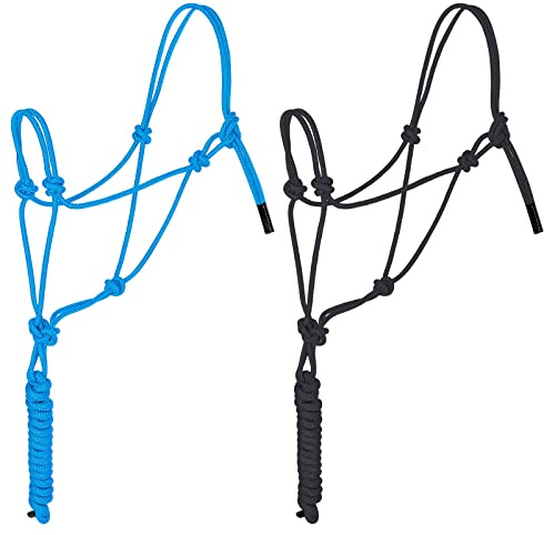 Dunzy 2 Pcs Horse Rope Halters 4 Knot 0.31 Inch Training Halters for Horses Adjustable Braided Nylon Cord Sturdy Lead Rope for Control & Trainin Equestrian Horsemanship Outdoor Sports Black Turquoise