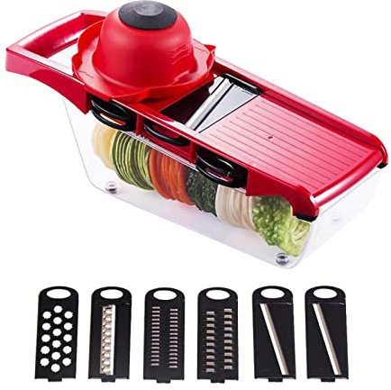 AALLYN Trancheuse Mandoline | Trancheuse De Pommes De Terre avec 6 Lames,Coupe-légumes Hand Guard avec récipient de Stockage, trancheuse Alimentaire, Gadget de Cuisine