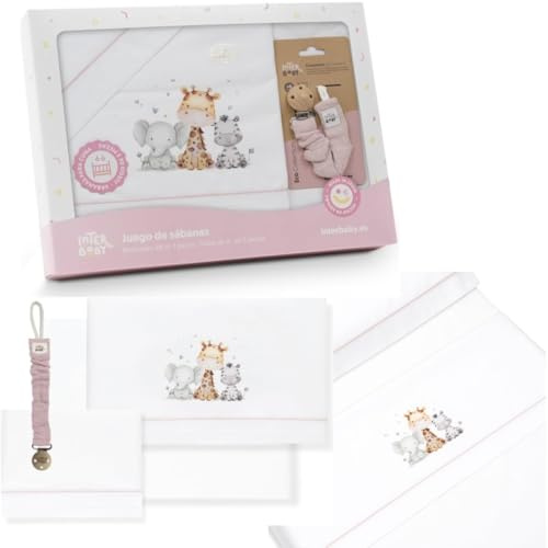 Danielstore Juego de Sábanas para Cuna Bebé Algodón 100% Fabricadas en España (3 Piezas:: Bajera, encimera y Funda de Almohada) Ideal para Primaver y Verano (1.0.0. Jirafa Elefante Rosa)