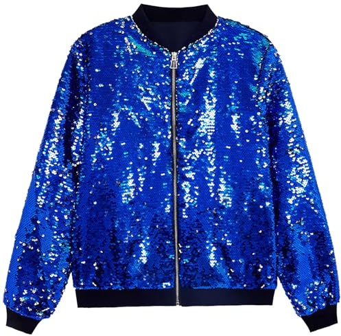 Beokeuioe - Giacca da uomo metallizzata con paillettes, bomber baseball anni 70, per discoteca, festa, carnevale, costume con zip, glitter, blusone corto, giacca da club, pilota, cardigan con