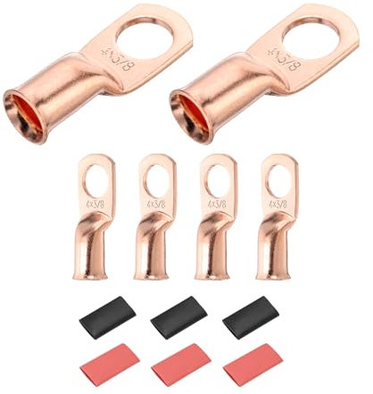 DMiotech 6 Pcs 4 AWG - 3/8 Copper Cable Lugs, Battery Cable Ends, Heavy Duty Copper Wire Lugs with 6pcs Heat Shrink Tubing for Electrical Projects, Copper