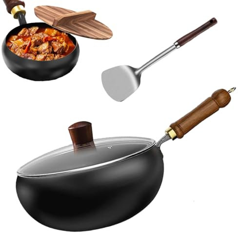 Bienll - Padella in ferro giapponese, 24 cm/28 cm, antiaderente forgiata a mano, con coperchio in legno, senza padella antiaderente non rivestita, per cottura naturale, fornello a gas (copertura in