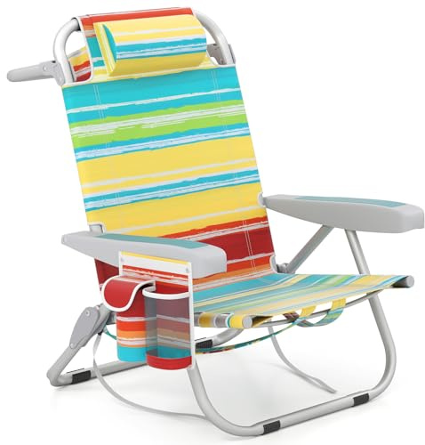GOPLUS Silla Playa Plegable, Carga 150 kg(Colores,1) | Respaldo Ajustable en 5 Posiciones, Barra para Toallas, Portavasos, Almohada, Tumbona Exterior Reclinable para Camping