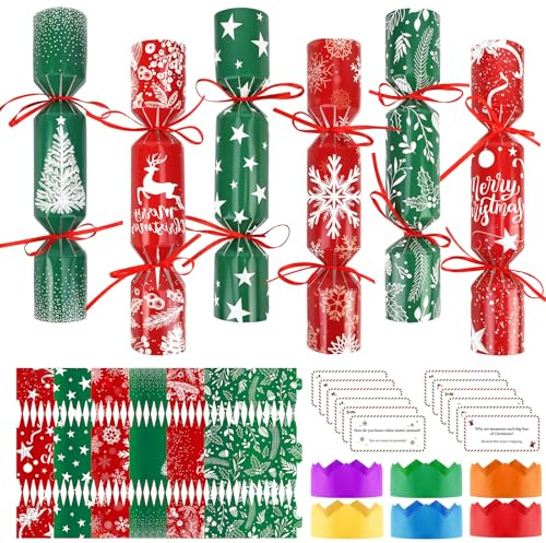 DPKOW 12 Pack Red Green Christmas Crackers with Prizes Non-Snap, DIY Snowflake Star Elk Crackers Holiday Xmas Gifts Boxes Christmas Party Table Cracker with Hats Riddle Cards, Xmas Cracker Making Kits