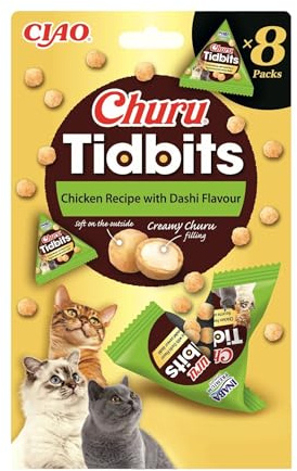 INABA Churu Tidbits Gatos - Receta Saludable de Pollo al Estilo Dashi- Snack Tierno con Relleno Cremoso - Golosina Natural, Sin Cerales, sin Conservantes ni Colorantes - 96g (8 Packs x 12g)