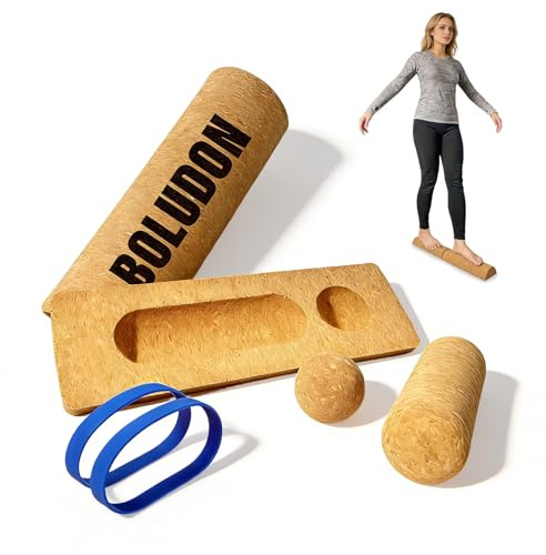 BOLUDON 2026 NEW Balance Board Cork Half Roller Kit | Foot Balance Trainer & Ankle Strengthener for Stretch Massage Fascia Release | Cork Massage Ball Roller Resistance Bands | Portable Balance Training Set for Home Gym