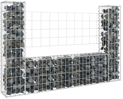 Mokuyary Gavión en forma de U con 2 columnas de hierro, 140 x 20 x 100 cm, cesta de metal, muro de piedra como valla de jardín, rejilla de gaviones como protección visual