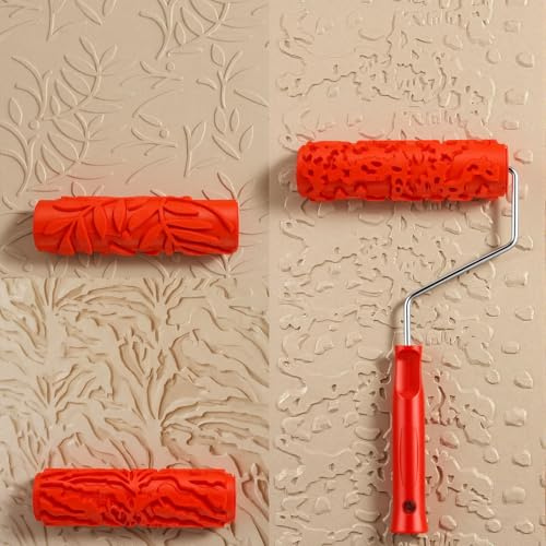 Leumoi 3 Pcs 7'' Texture Paint Roller with 1 Frame Set 3 Different DIY Decorative Art Pattern Paint Rubber Roller Embossing Drywall Texture Brush for Walls Furnitures Floors Decoration