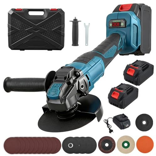 Acemora Smerigliatrice Angolare a Batteria, Smerigliatrice a Batteria Senza Fili, 2 Batterie da 4000 mAh, 1400W, 0-9000 RPM, Flessibile a Batteria per Taglio Lucidatura Smerigliatura