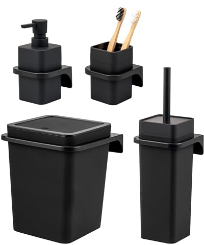 bremermann Savona - Juego de accesorios de baño (4 piezas, dispensador de jabón, vaso, cubo cosmético de 5,5 litros y escobilla de plástico, color negro)