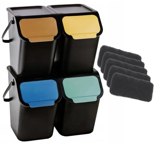 Set med 4 selektiva sorteringslådor 25 L BINI Practic modulära återvinningssoptunnor med kolfilter mot lukt, lock med klick-design, kompakt kök, skräp, hem