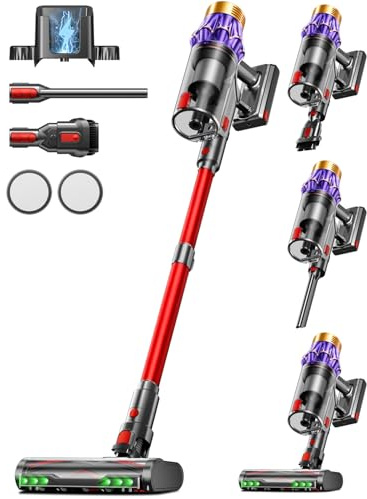 AIBIRTH Aspiradora sin Cable 55Kpa/650W/70Mins, Escoba Aspiradora de 1.8L, Sistema de Filtración de 8 Etapas,Autoportante, Adecuada para Pelo de Mascotas, Luz Verde Alfombras y Suelos de Madera