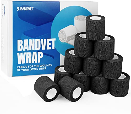 BANDVET WRAP Self Adhesive Bandage Wrap - Pack of 12 Black Color, Non-Woven, Breathable & Water-Resistant Vet Wrap for First Aid, Sports Injury, Body Sprains, & Pets - 2 Inch x 5 Yards
