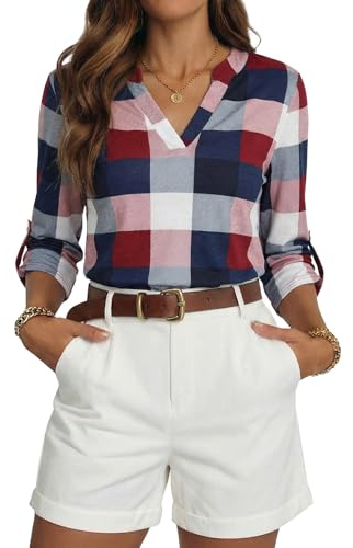 Dokotoo Womens Long Sleeve Plaid Blouses Tunic Shirts for Office XL