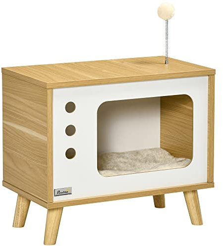 Pawhut Cama Cueva de Gatos Estilo Televisor Casa para Gatos con Cojín Suave Lavable Bola Divertida y Patas Elevadas 50x28x43 cm Roble