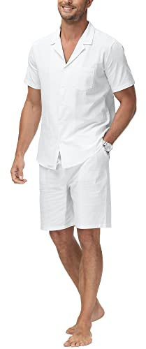 YAOHUOLE White Linen Shirt Men Beach Wedding Linen Suit Two Piece Outfits Sets Summer Short Sets White XL