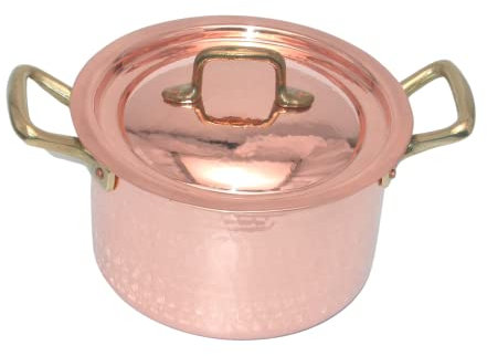 CREARTISTIC Casseruola alta in Rame Stagnato Con Coperchio - Pentola 16x9.5cm 1.5L -Per ragù ed altri sughi, Con 2 Maniglie in ottone, Fatto a mano - 100% Made in Italy,