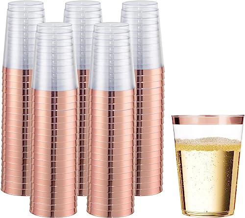 Plastikbecher 360ml Kunststoff Trinkbecher mit Roségold, Transparent wiederverwendbare Partybecher für Getränke, Schnapsbecher für Hochzeiten, Taufe, Picknick, Camping, Geburtstag (100 Stück)