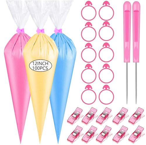 GZMAISULEE Sac à poche usa e getta da 30,5 cm, 100 sacchetti da pasticceria anti scoppio addensati con 2 fascette per sac à poche, 1 accoppiatore, 6 punte per glassare torte e biscotti, decorazioni da