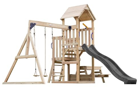 AXI Mette Casetta in Legno Bimbi 2 Altalene, Tavolo da Picnic, Scivolo Grigio | Area Giochi All'Aperto con Altalene/Sabbiera/Scivolo Telescopico | Casa da Gioco all'Aperto in Legno su Palafitte