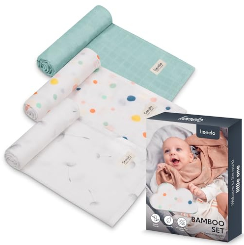 Lionelo Bamboo Set 3 Pezzi Mussole per neonato 70x70 cm in cotone bambù 100% naturale, Sicure dal primo giorno di vita, Antibatteriche Antimicotiche Ipoallergeniche Morbide Fasciatoio odori resistenti