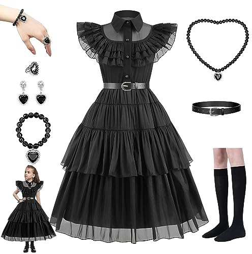 Hengrongshen Costume de mercredi pour enfant, costume d'Halloween, robe Addan, robe gothique Lolita, fille (130)