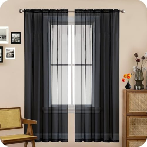 GAIFNAG Natürliche Leinenstruktur Vorhänge 120 x 270 cm Transparent in Leinen-Optik Waschbar in Vielen Bunten Farben Thermovorhang Fenster - Gardinen für Fenster, Zuhause, Terrasse, Schwarz