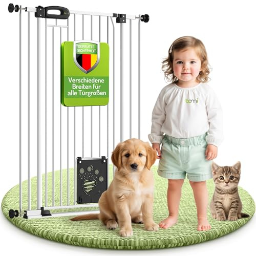 BOMI Tierschutzgitter Merle| Treppenschutzgitter ohne Bohren| Ideal als Absperrgitter Hund, Katzengitter Tür & Welpenzaun | Extra Enge Stäbe | Hundegitter Wohnung weiß Metall | Breite: 93-103 cm