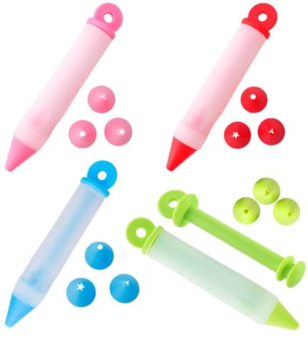 CUEMOON 4Pcs Silikon Dekorationsstift,Kuchen Dekorierstift mit 4 Verschiedenen Düsen,DIY Zuckerguss Stift für Schokoladenkekse Sahne Gebäck für Präzise Dekorieren Kuche